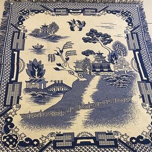 Vintage Chinese Blue Willow Cotton Fringed Throw Blanket